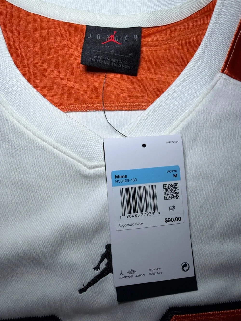 Men's Jordan Brooklyn Collegiate Hockey Jersey White Orange HV0109-133 Size L